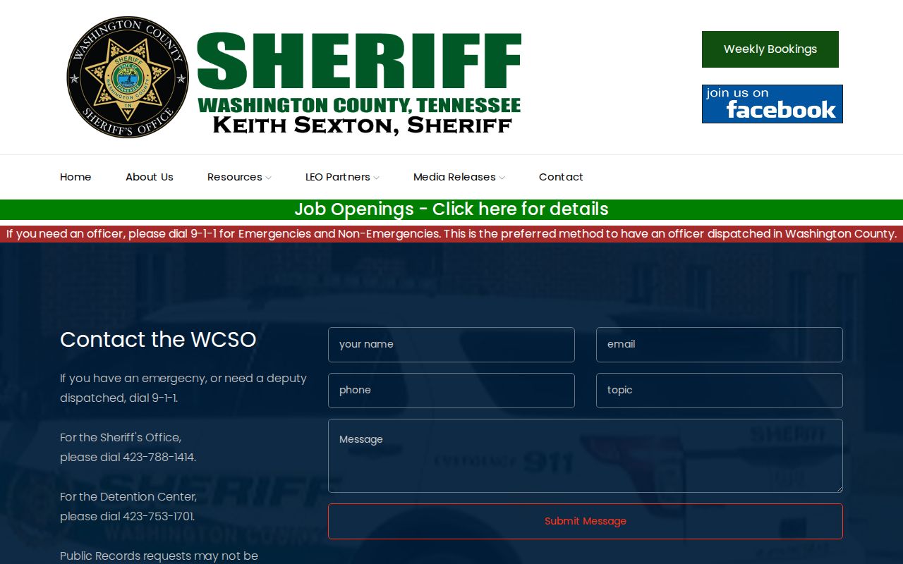 Washington County arrest warrant service and detention contacts